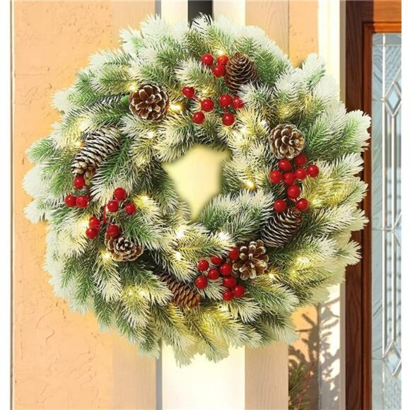 16 Inch Pre-Lit Christmas Wreath with Metal Hanger, Light Up Mountain Fir Pine - Picture 5 of 6